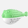 Blue silicone fish-shaped chew toy for cats on a plain background.