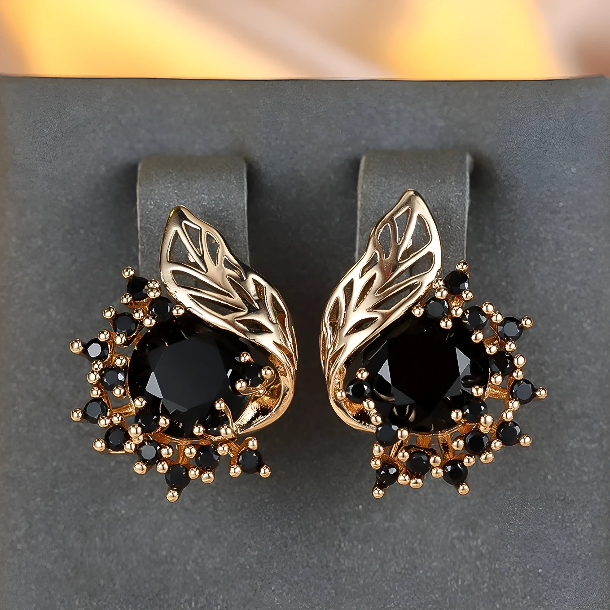 Round flower feather zircon earrings with champagne gold finish and coloured stone centre