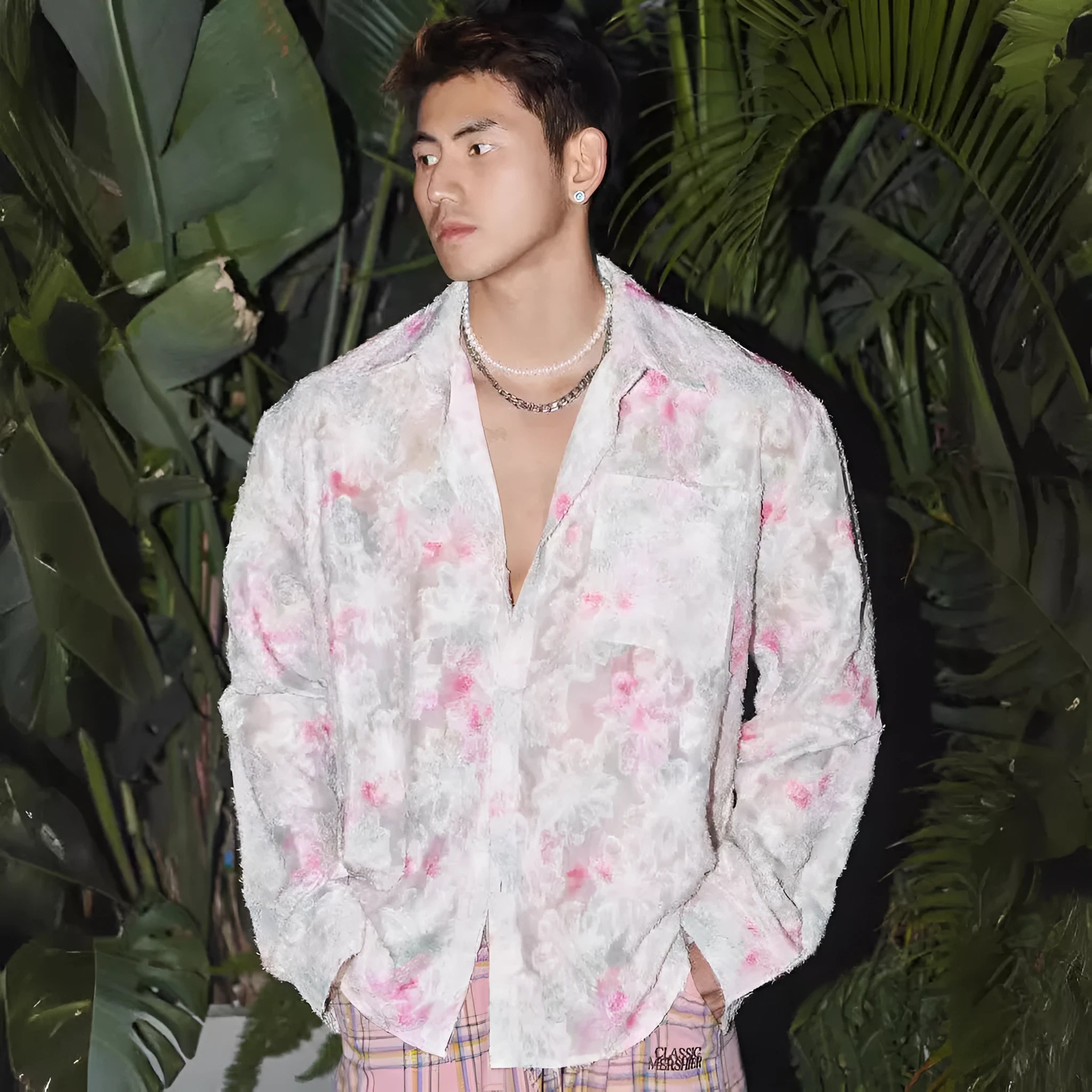 Pink floral long sleeve shirt with embossed 3D flower pattern and loose fit