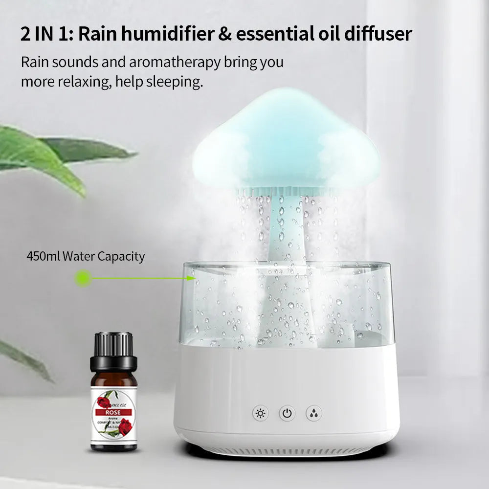 White rain cloud design desk humidifier and aromatherapy diffuser with mushroom-shaped night light on a wooden table.