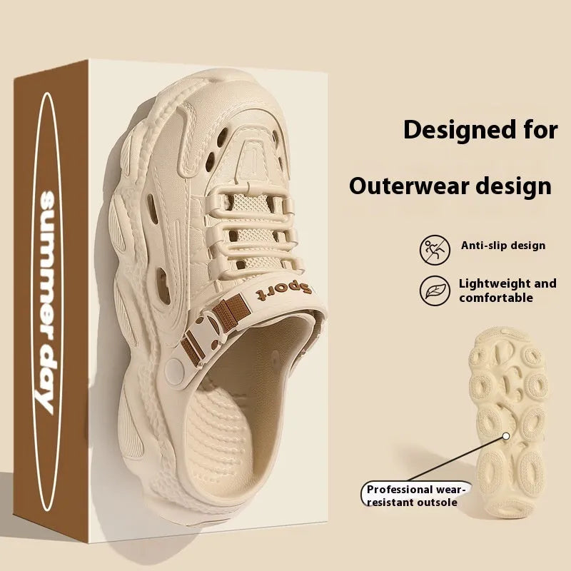 Men's khaki outdoor summer slippers showing hollow out breathable design with EVA sole