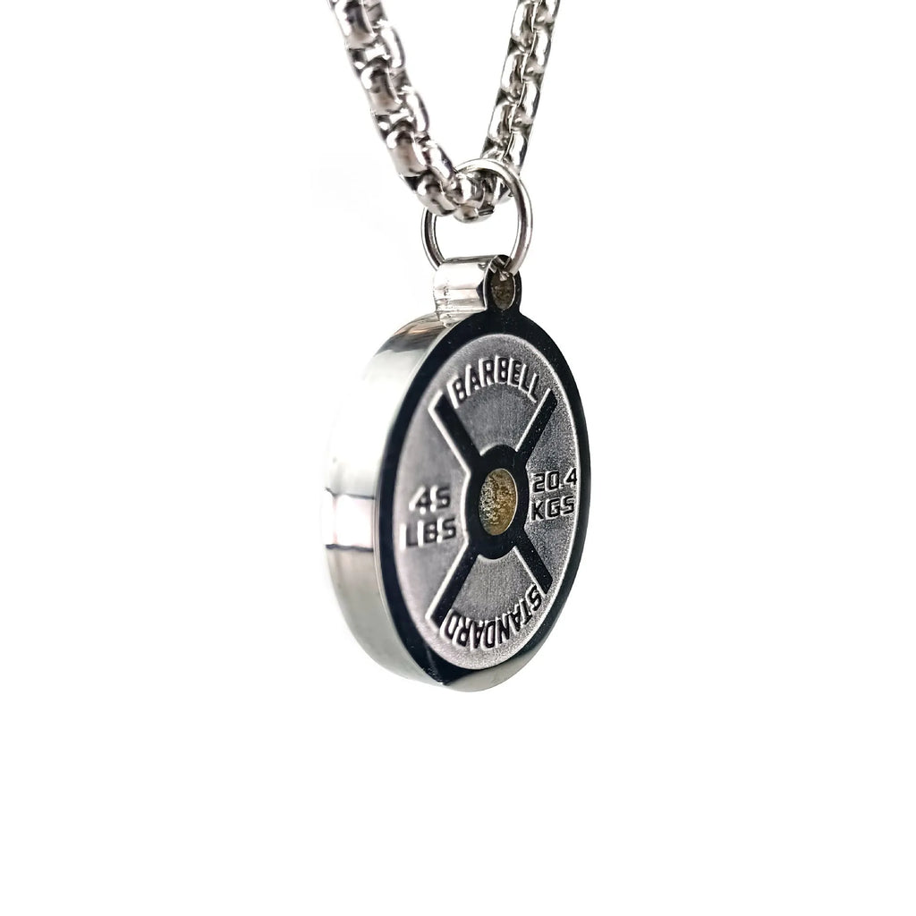 Stainless steel barbell disk pendant necklace with geometric sports design on 60cm chain