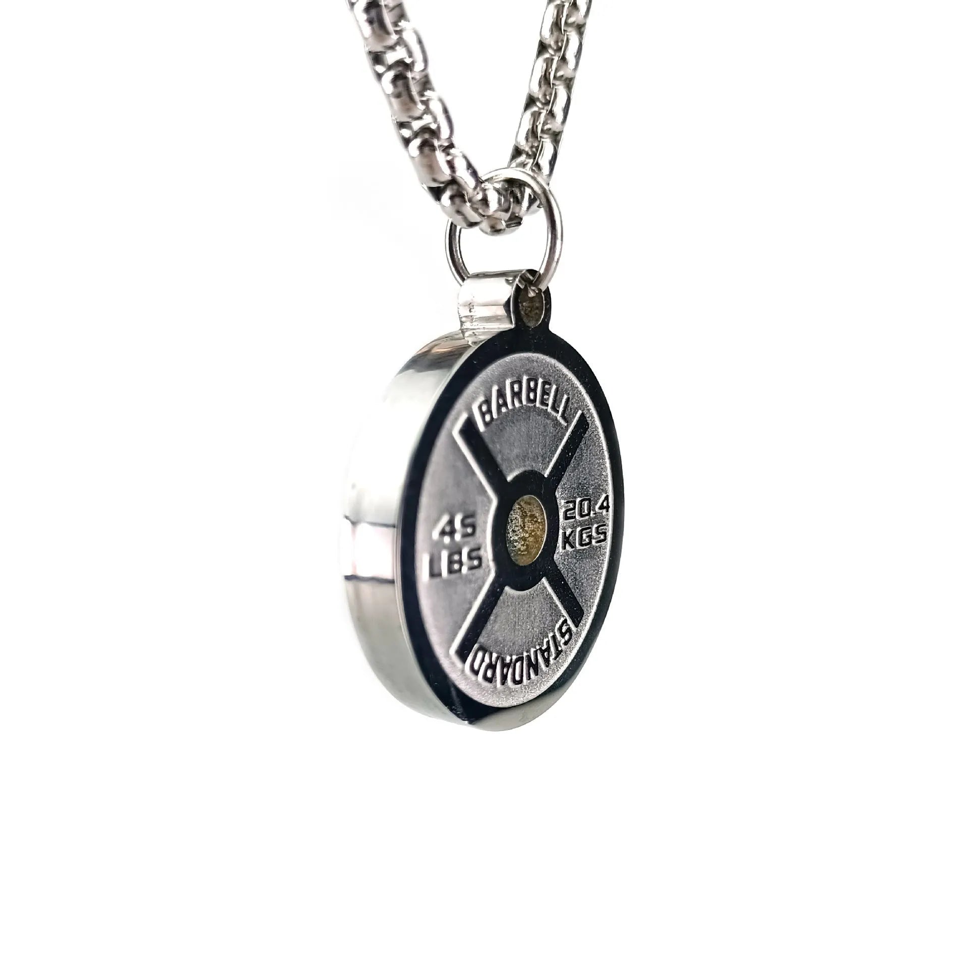 Stainless steel barbell disk pendant necklace with geometric sports design on 60cm chain