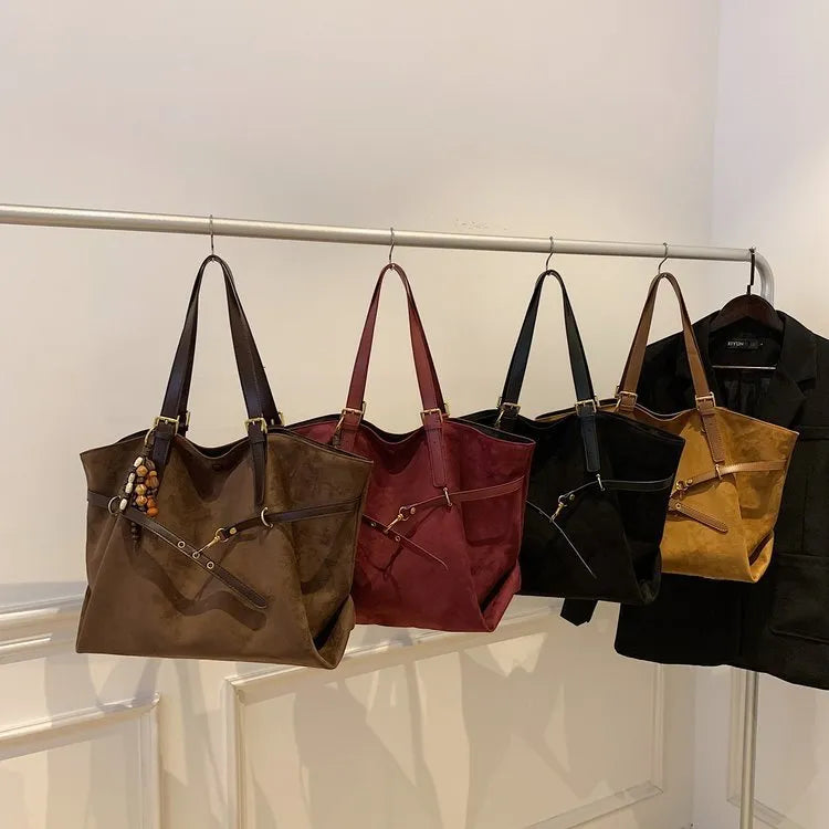 Retro large capacity women's shoulder bag in soft PU with sewing thread detail, shown in wine red, black, brown, and coffee.