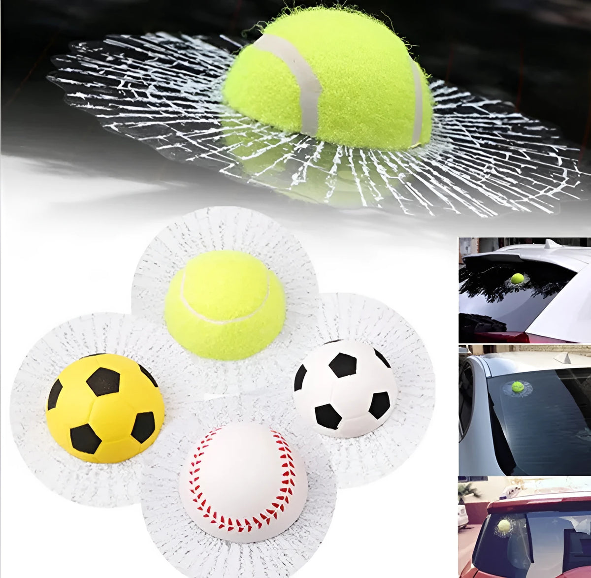 Set of 6 3D stereo car decals with basketball, football, tennis, baseball, and soccer ball designs on glass surface