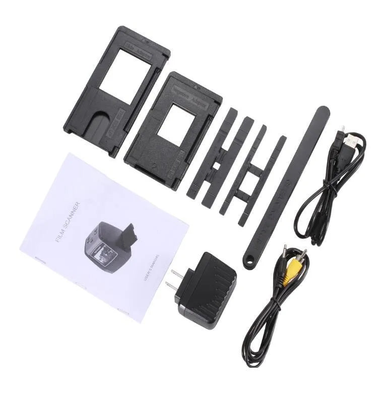 14 megapixel film scanner with 2.4 inch LCD screen showing a slide preview with USB cable