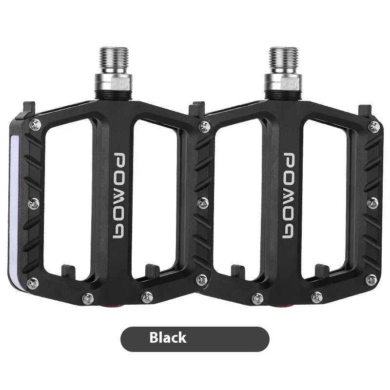 Aluminium bicycle pedals with integrated LED lighting in five colour options
