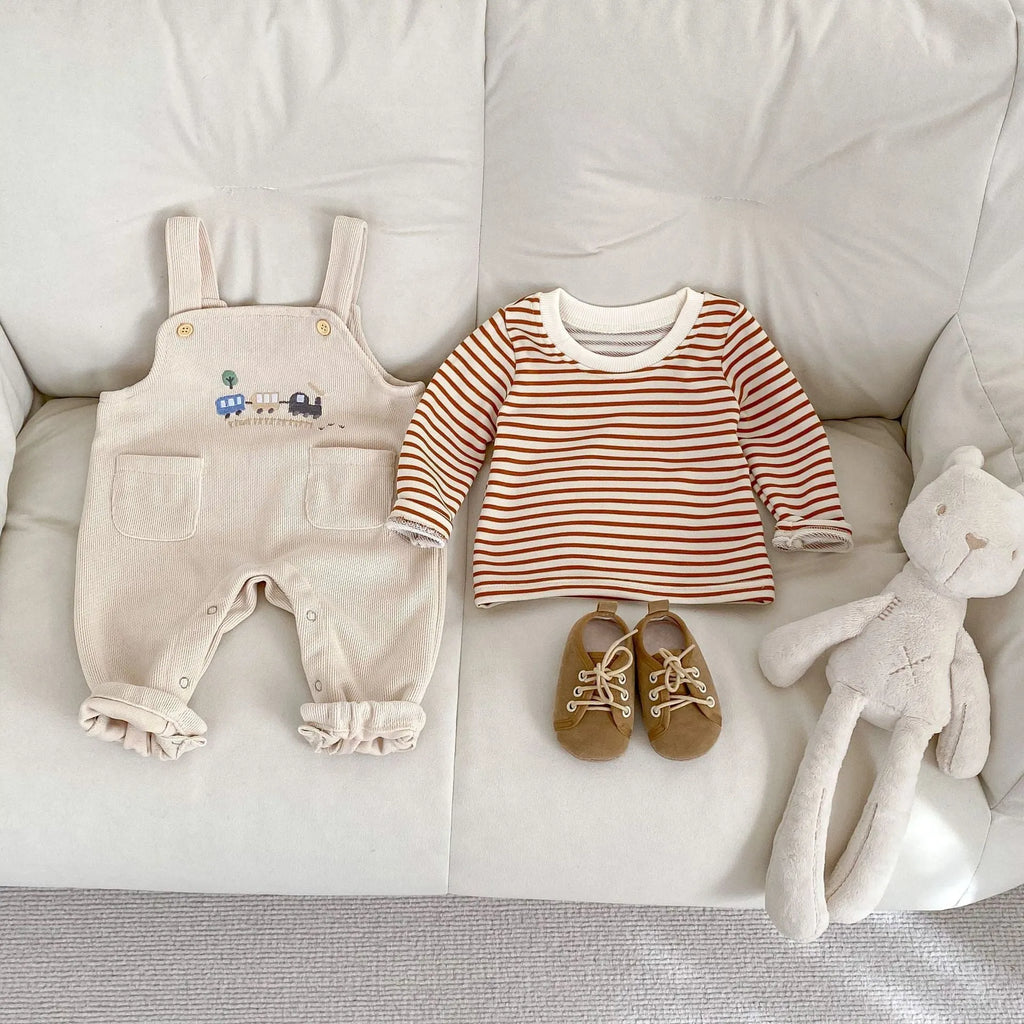 Unisex baby cotton striped top and bib pants set with car embroidery in size 80cm
