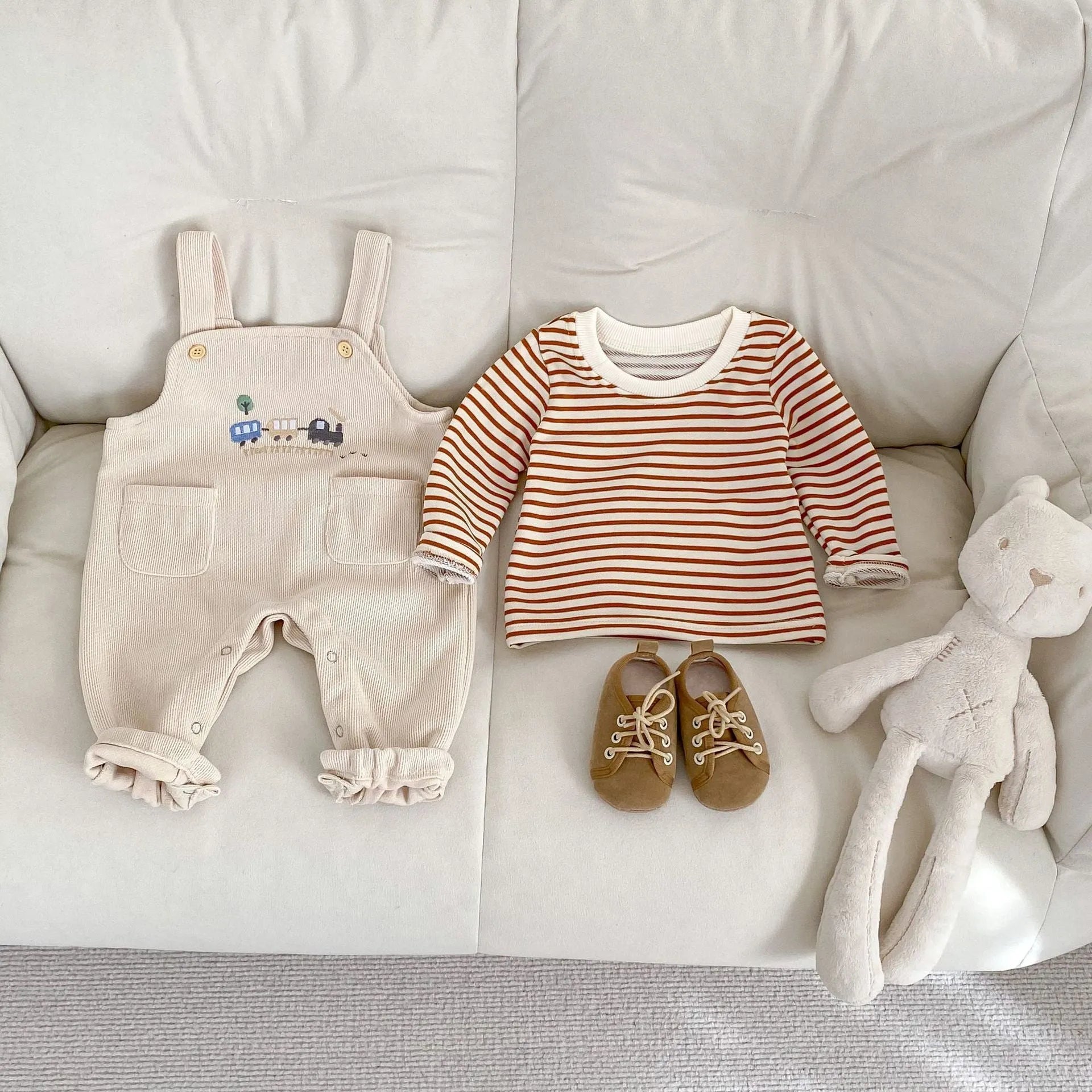 Unisex baby cotton striped top and bib pants set with car embroidery in size 80cm