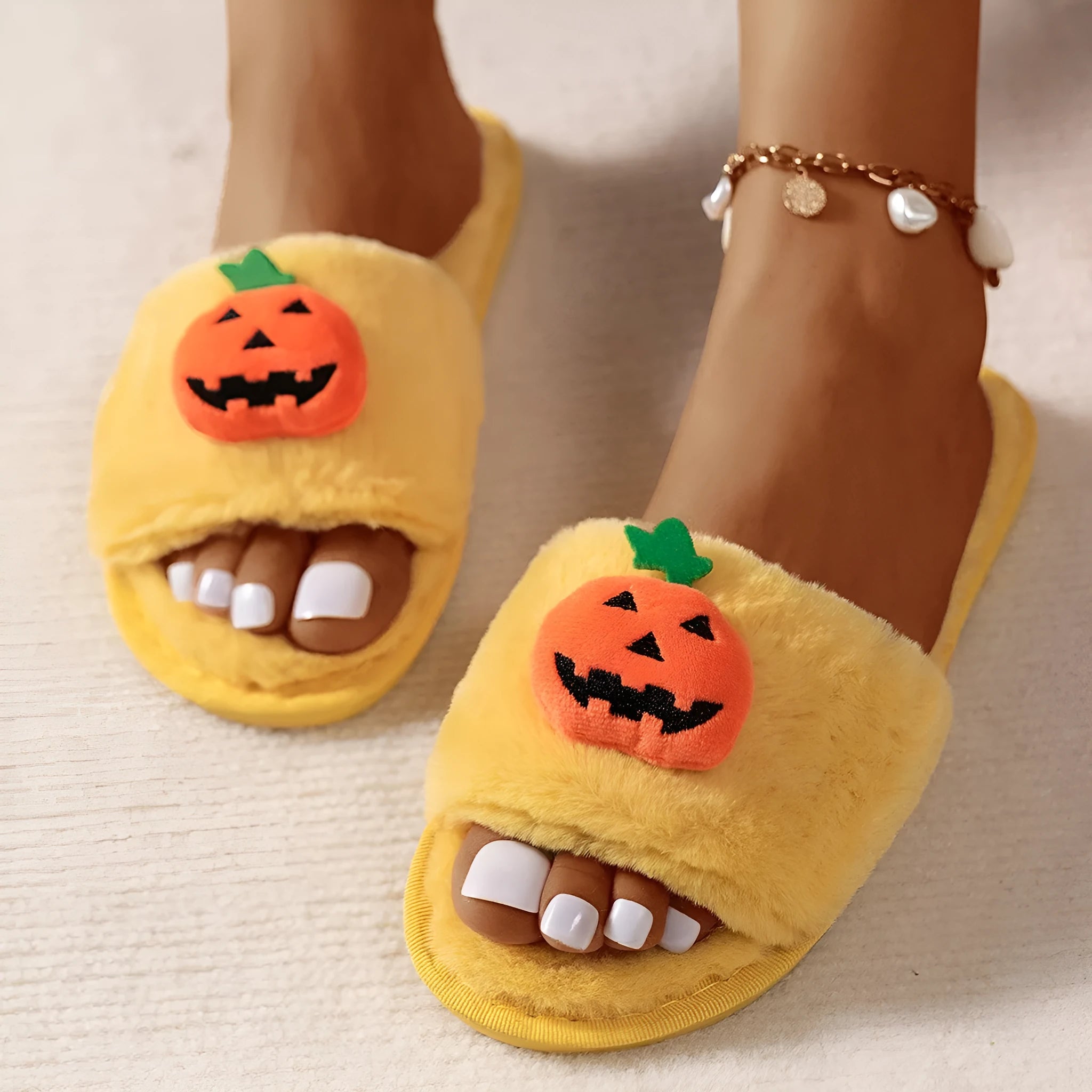 Halloween pumpkin cartoon plush slippers with synthetic fur upper and PVC soles