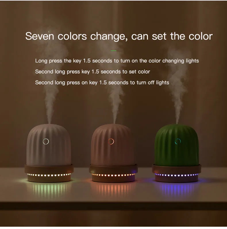 Cactus humidifier night light in green with colourful glow, 260ml tank, USB model