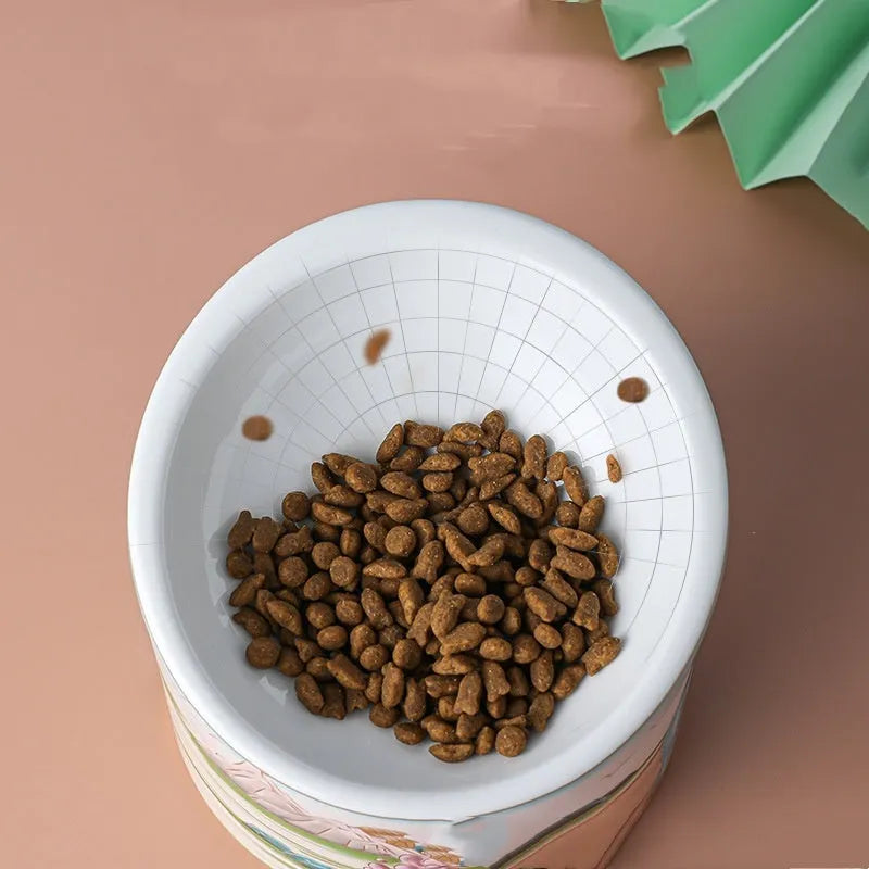 Chinese style ceramic cat bowl with high legs and double slanted mouth compartments