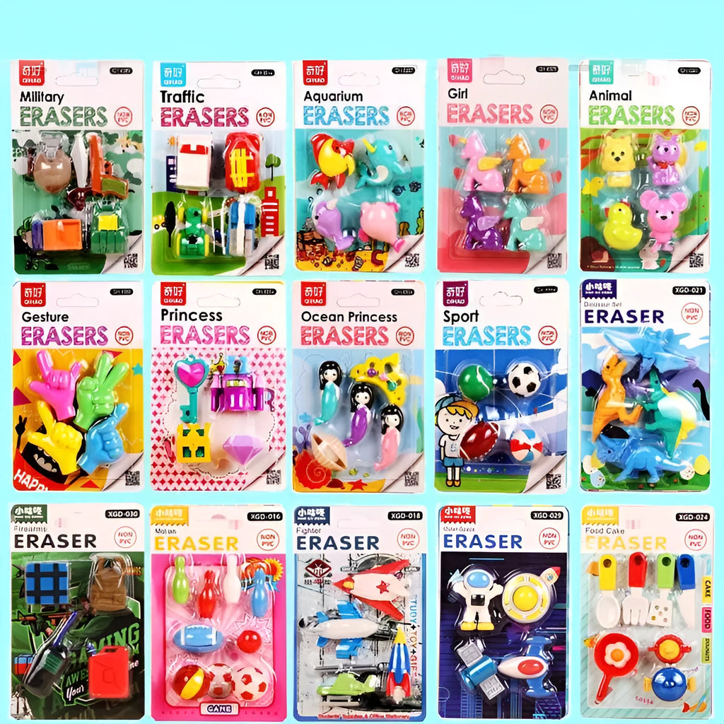 Mini eraser set with 24 assorted TPR designs including military models, cars, and food items