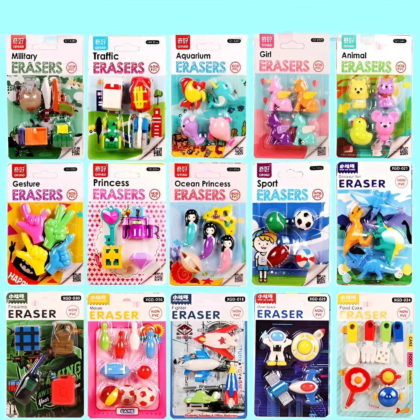 Mini eraser set with 24 assorted TPR designs including military models, cars, and food items