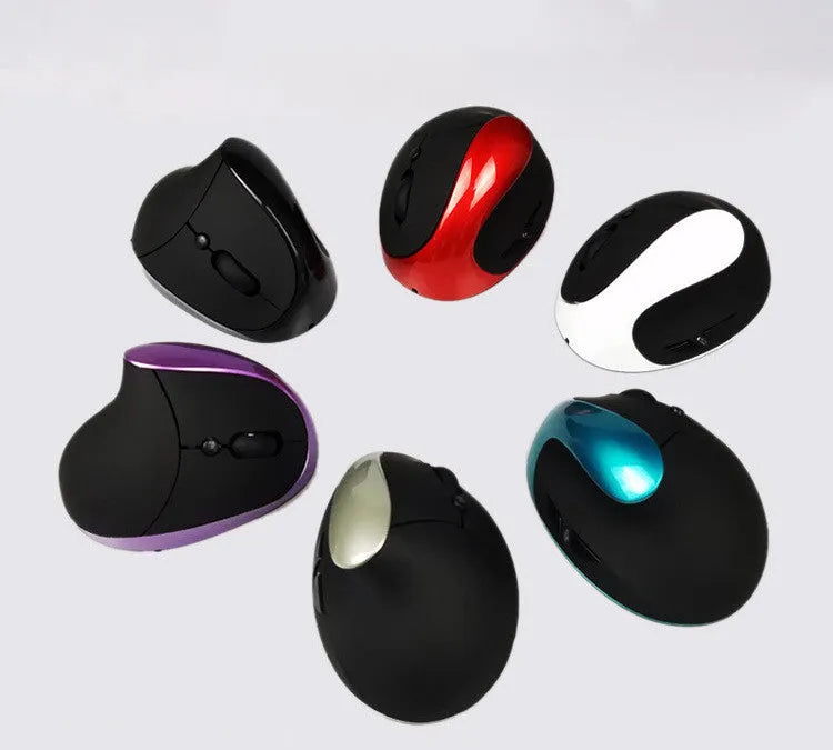 Black vertical ergonomic wired computer mouse with six buttons on a desk