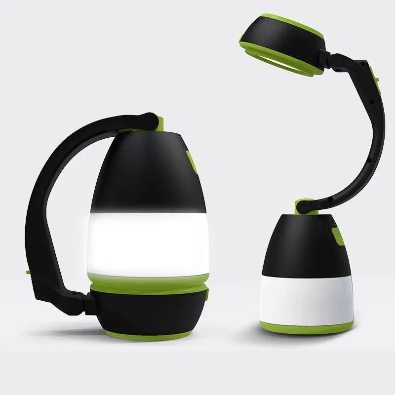 Black green multifunctional LED camping lamp with adjustable head, shown with USB cable.