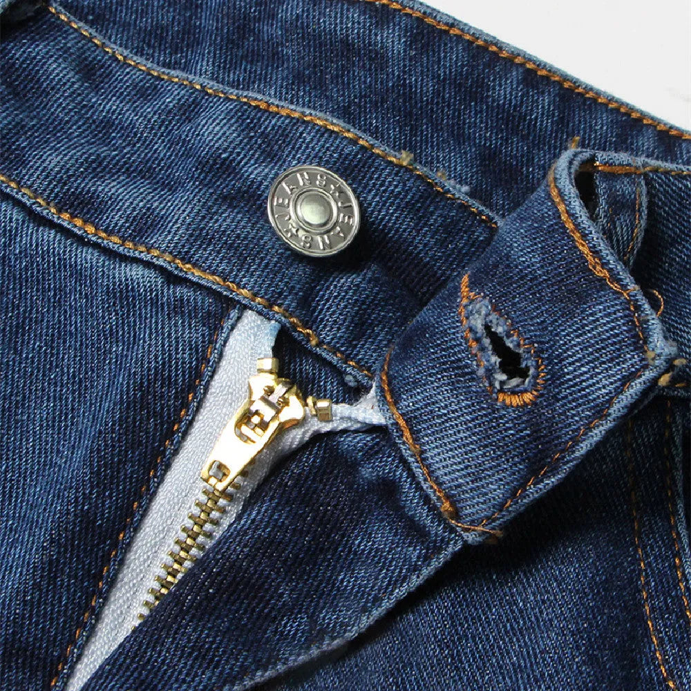 Women's blue baggy wide leg cotton denim jeans with multi-pockets, European style