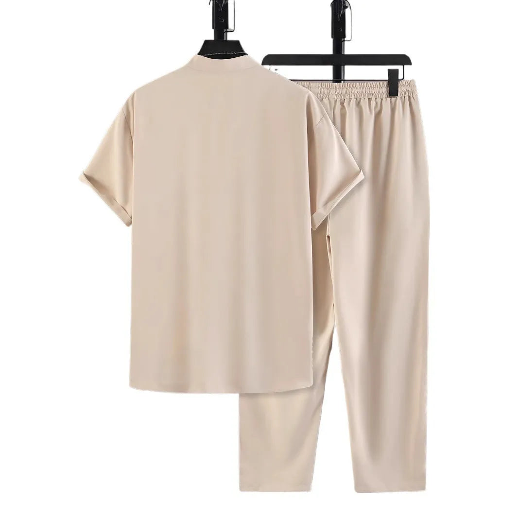 Men's European-size coconut print short-sleeved shirt and trousers set Navy Blue summer beach polyester fibre