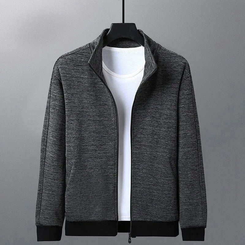Men's black casual jacket with stand-up collar and zip front, athletic fit