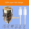 Mini transparent car charger with 120W super fast charge and USB Type-C output, size 36x20x20mm