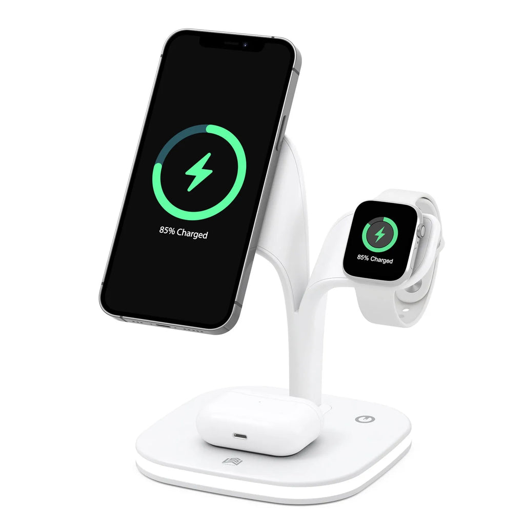 Black 3-in-1 wireless charging station holding a phone, smartwatch, and headphones on a desk.