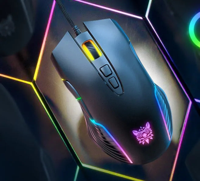 Black wired ergonomic gaming mouse with RGB lighting, seven buttons, four-way scroll wheel, and 1.5m USB cable on a dark surface