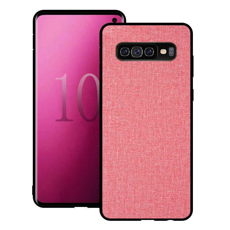 Canvas patterned mobile phone case for Samsung Galaxy models on a table.