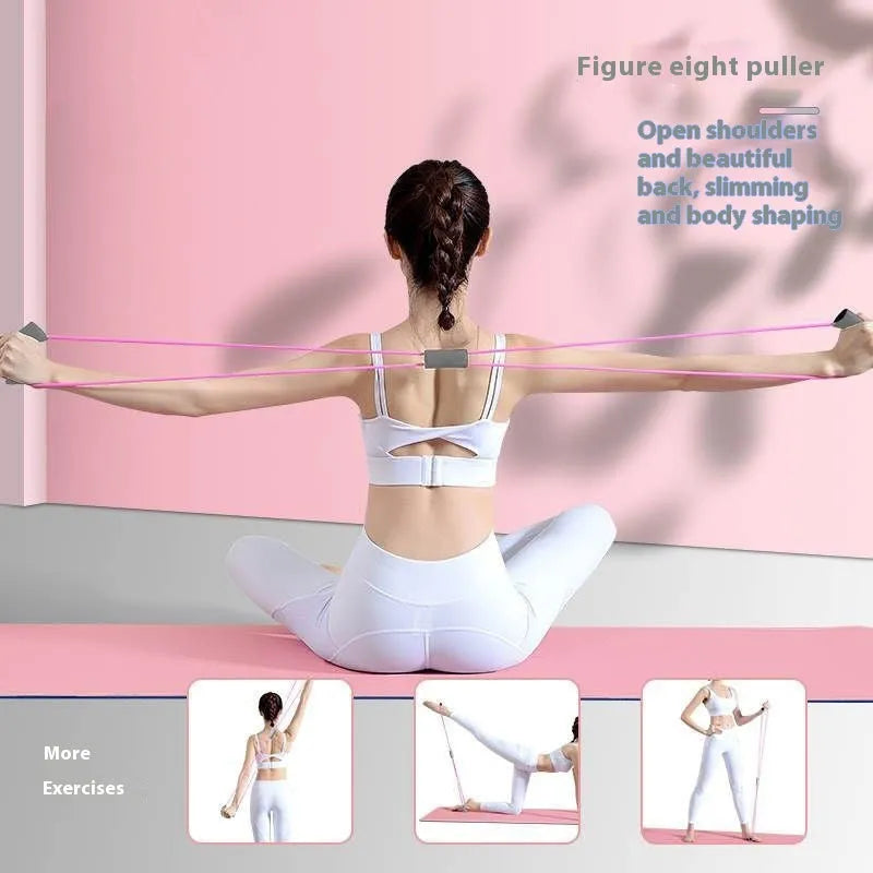 Yoga four piece fitness set with leg stretcher, yoga ring, pedal device, and figure eight tension rope on a plain background