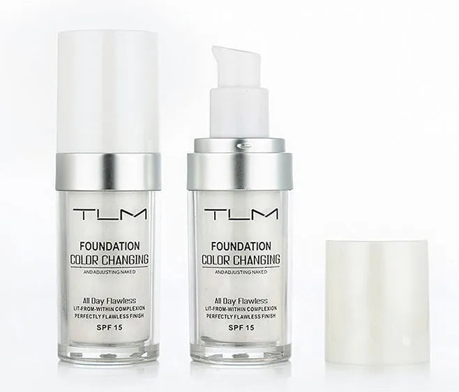Colour change foundation liquid in pump dispenser bottle for light to medium skin tones