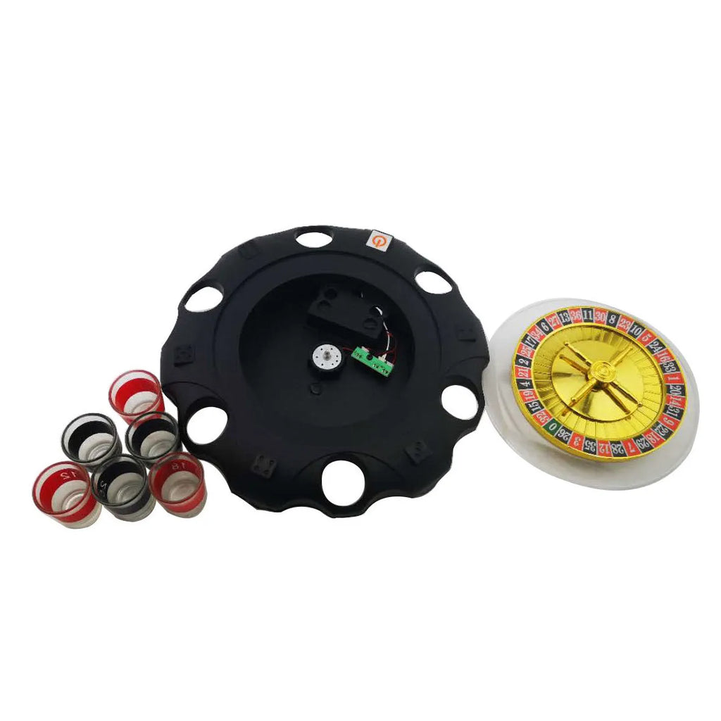Electric roulette drinking game set with acrylic turntable, two steel balls and six red and black numbered shot glasses