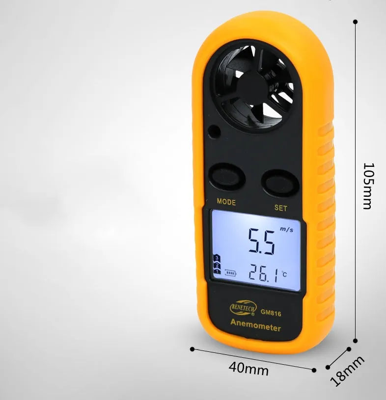 Orange digital portable wind speed measuring instrument showing display and compact handheld design