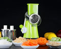 Round manual mandoline vegetable slicer with stainless steel blades in blue green red colour options