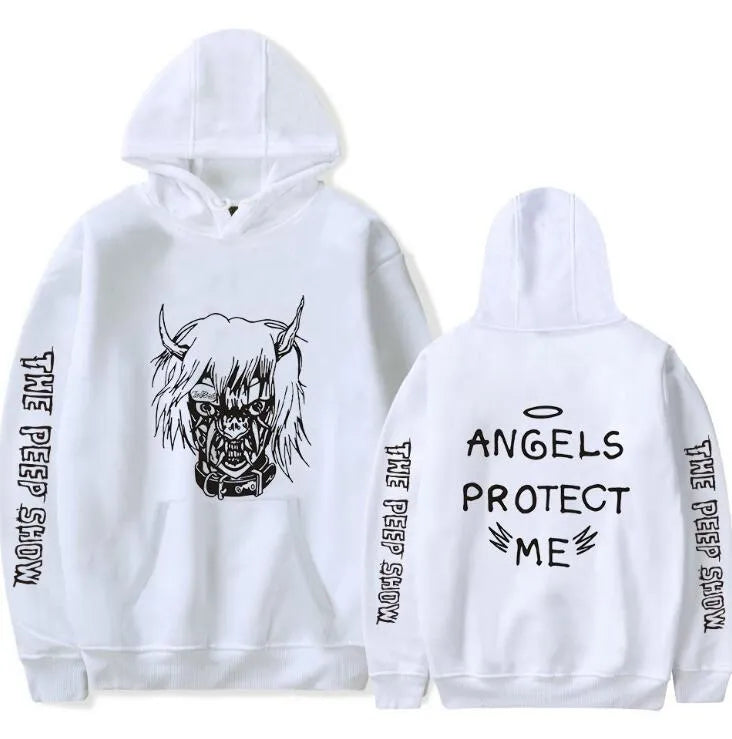 Angel And Devil cartoon print hoodie for men, hip hop style, black hooded sweatshirt with full sleeves