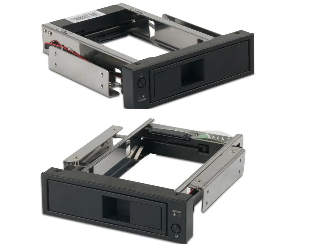 Black hard disk tray made of plastic and iron, 183x146x42mm, for vertical CD-ROM bay mounting