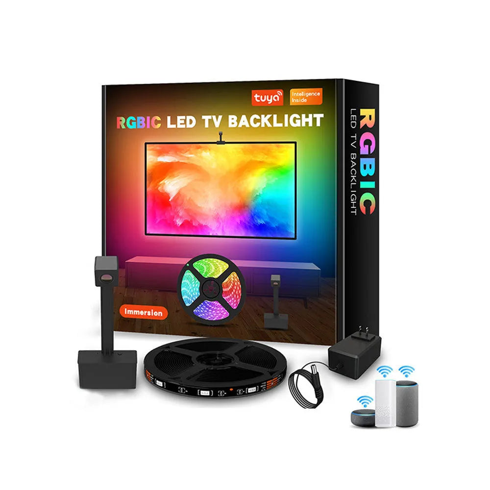 Smart TV LED backlight strip with a small camera for screen colour synchronisation, shown with remote and phone running the Tuya app.