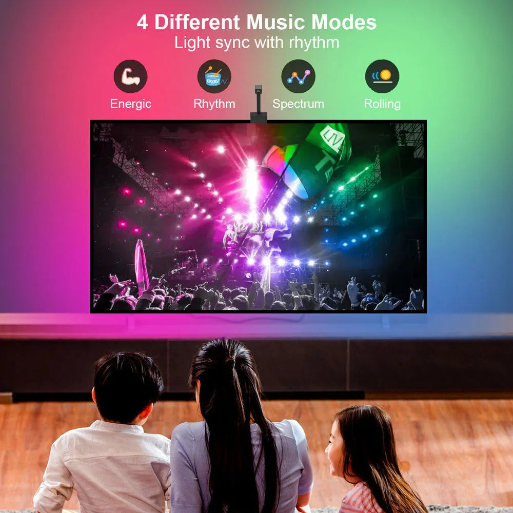 Smart TV LED backlight strip with a small camera for screen colour synchronisation, shown with remote and phone running the Tuya app.