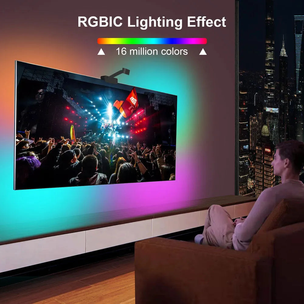 Smart TV LED backlight strip with a small camera for screen colour synchronisation, shown with remote and phone running the Tuya app.