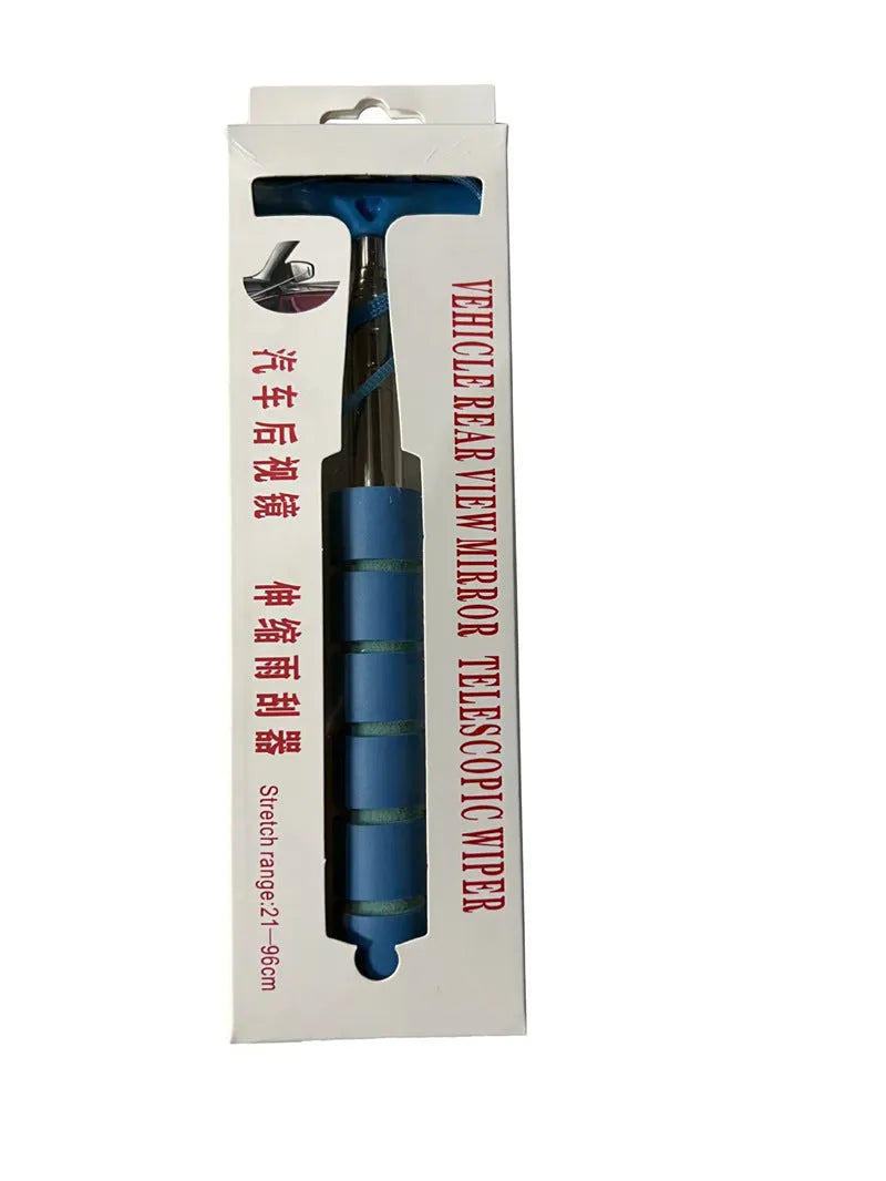 Retractable stainless steel car rearview mirror wiper extended to show 100cm length and rubber blade.