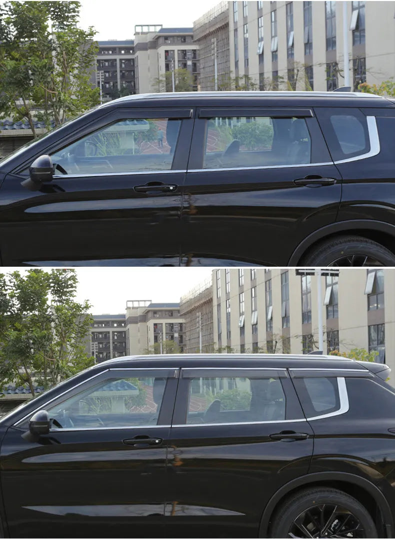 Black engineering plastic window deflectors fitted on a 2023 Mitsubishi Outlander front window.