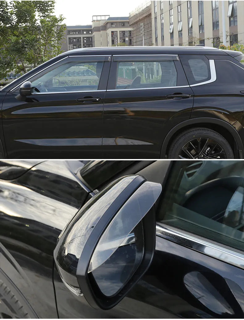 Black engineering plastic window deflectors fitted on a 2023 Mitsubishi Outlander front window.