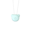 Mini USB portable air purifier necklace in blue, shown worn and with USB cable.
