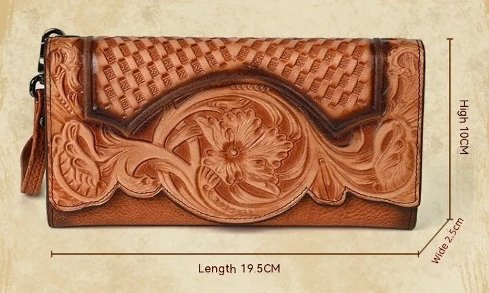 Chinese style brown embossed floral tri-fold women's wallet made from first layer cowhide, shown open and closed.