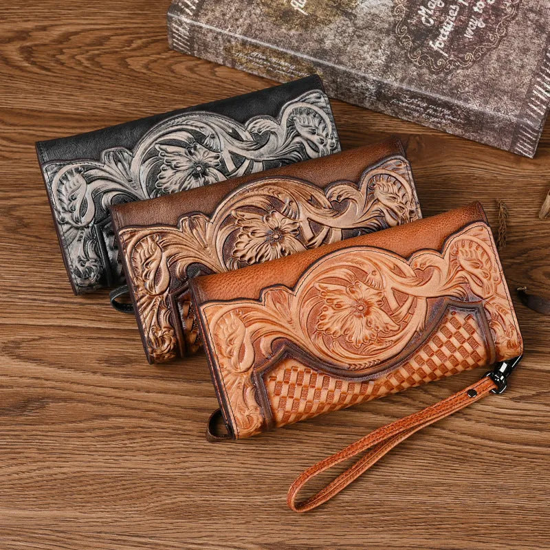 Chinese style brown embossed floral tri-fold women's wallet made from first layer cowhide, shown open and closed.