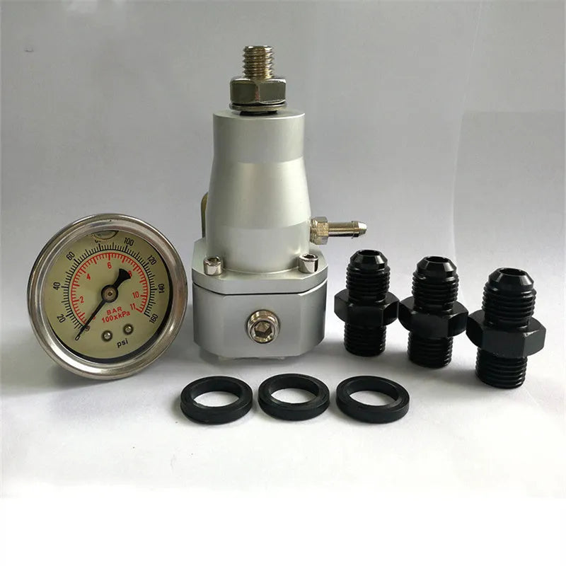 Black aluminium fuel pressure regulator with adjustment ports for 30-70psi range