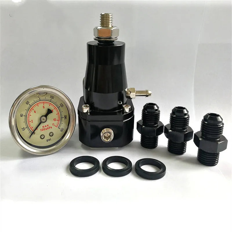 Black aluminium fuel pressure regulator with adjustment ports for 30-70psi range