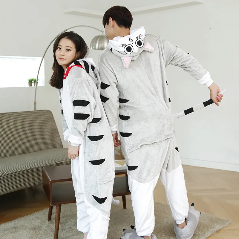 Grey animal one-piece pajama suit made from polyester fibre, available in sizes S to XL, front view