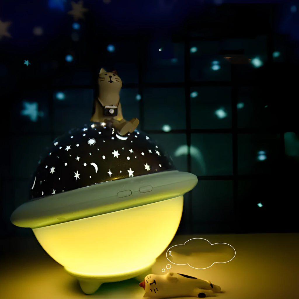 UFO-shaped starry sky projection night light in green, pink or white with 15.1cm cube dimensions