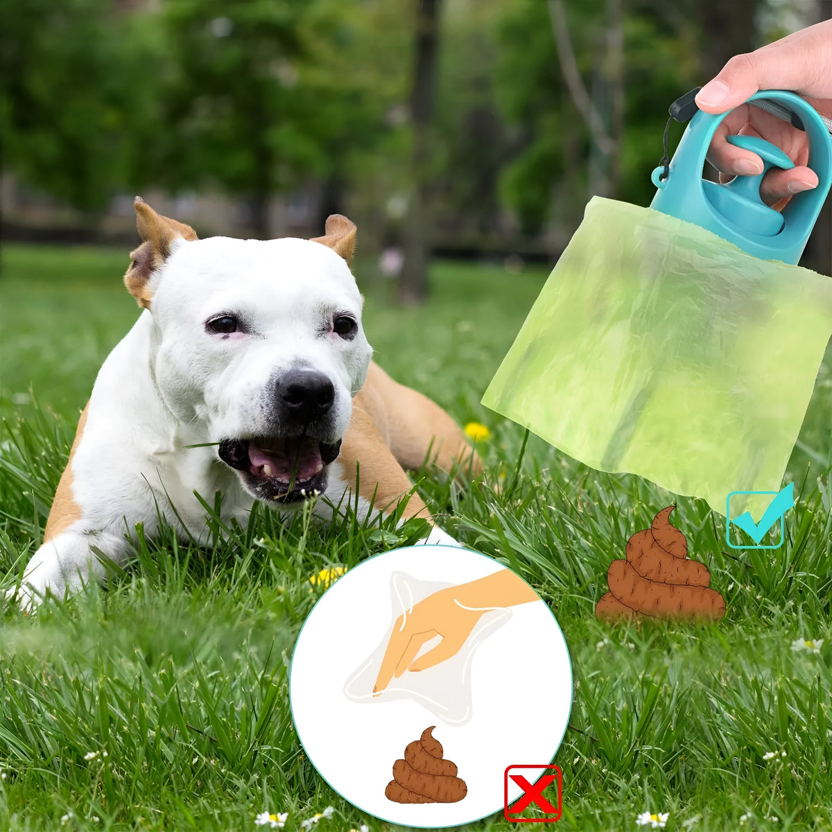 Blue portable dog poop scooper with built-in bag dispenser, clip-on design for leash or harness, 2.7 x 7.4 inches
