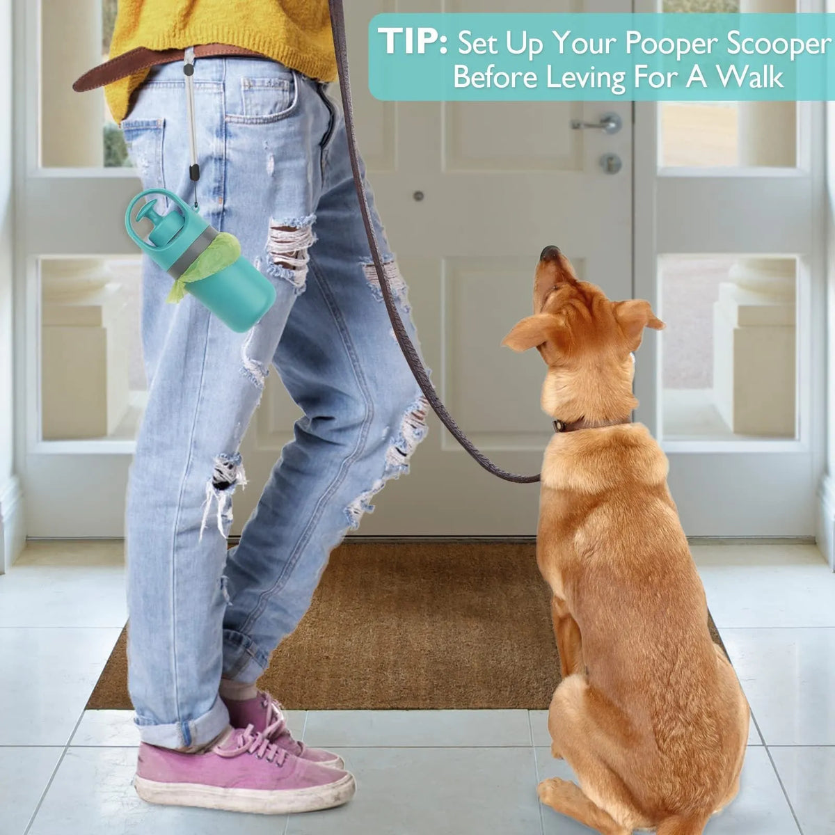 Blue portable dog poop scooper with built-in bag dispenser, clip-on design for leash or harness, 2.7 x 7.4 inches