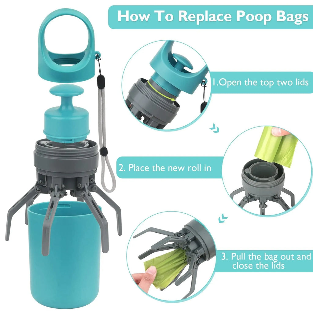 Blue portable dog poop scooper with built-in bag dispenser, clip-on design for leash or harness, 2.7 x 7.4 inches